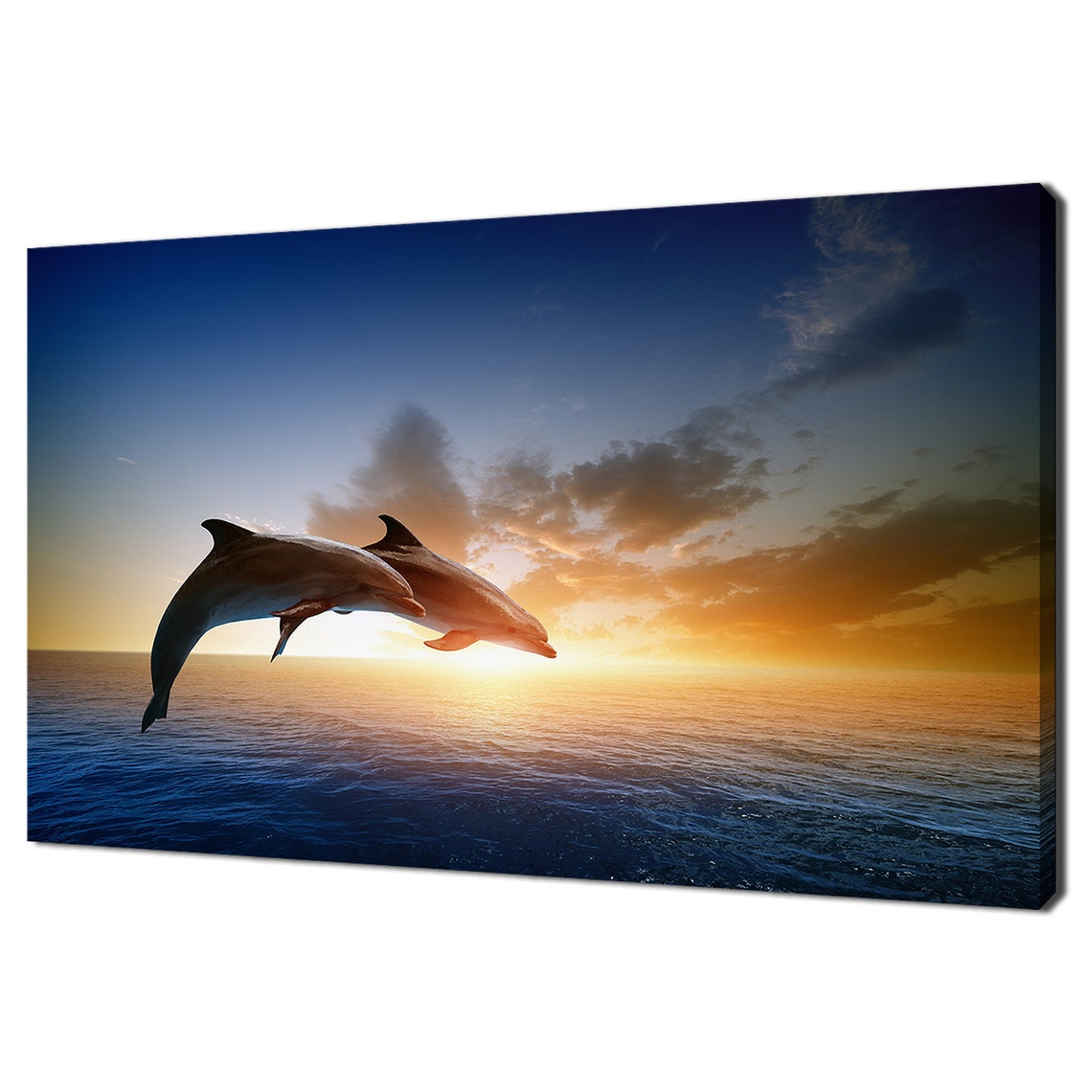 Two Dolphins Leaping At Sunset Ocean Waves Golden Sky Wall Art Print