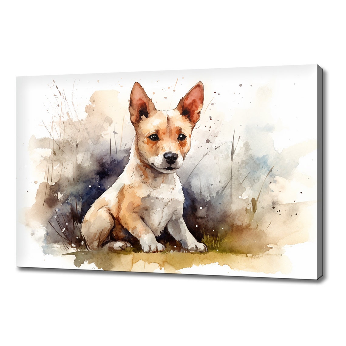 Tan White Puppy Prick Ears Watercolour Splash Cute Dog Poster