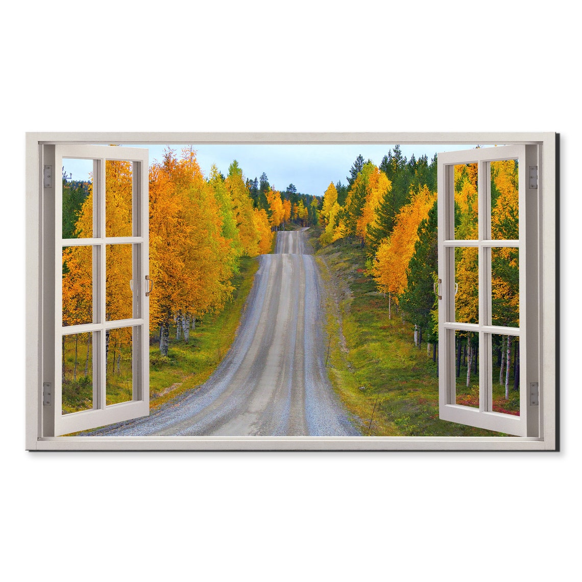 Autumn Forest Road Through Golden Trees Window View Nature Wall Poster