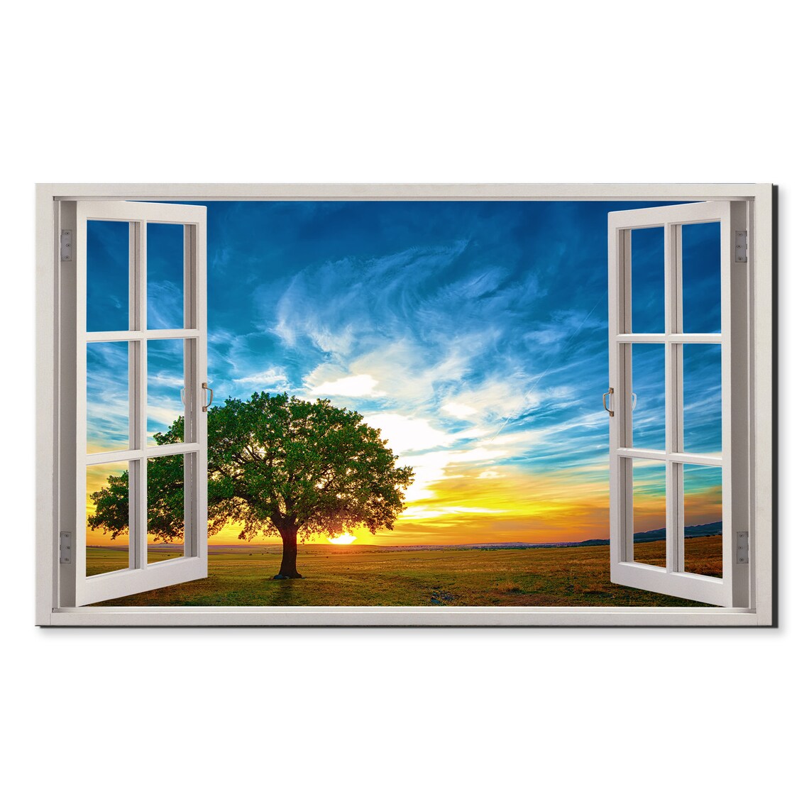 Oak Tree In Beautiful Sunset Window View Window Frame Style Modern Design Home Decor Print Wall Art Picture Ready To Hang