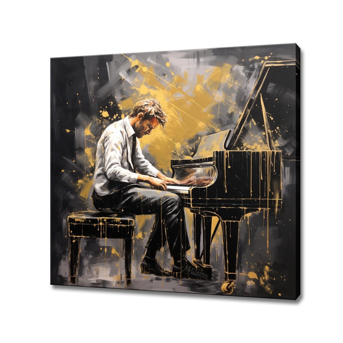 Pianist Playing Grand Piano Black Gold Painting Music Studio Art Poster