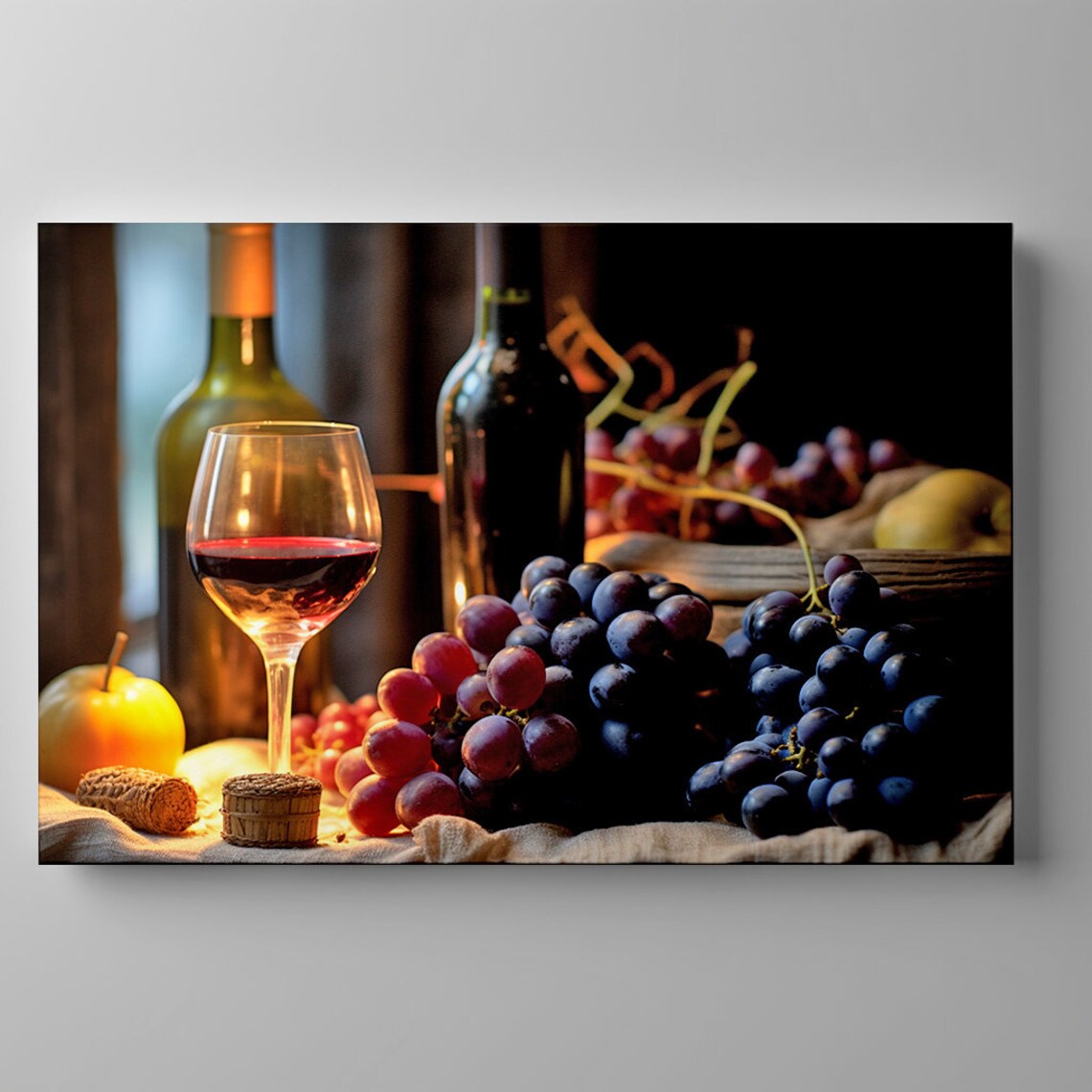 Red Wine Bottles Glass Of Wine And Purple Grapes Moody Still Life Poster - Image 3