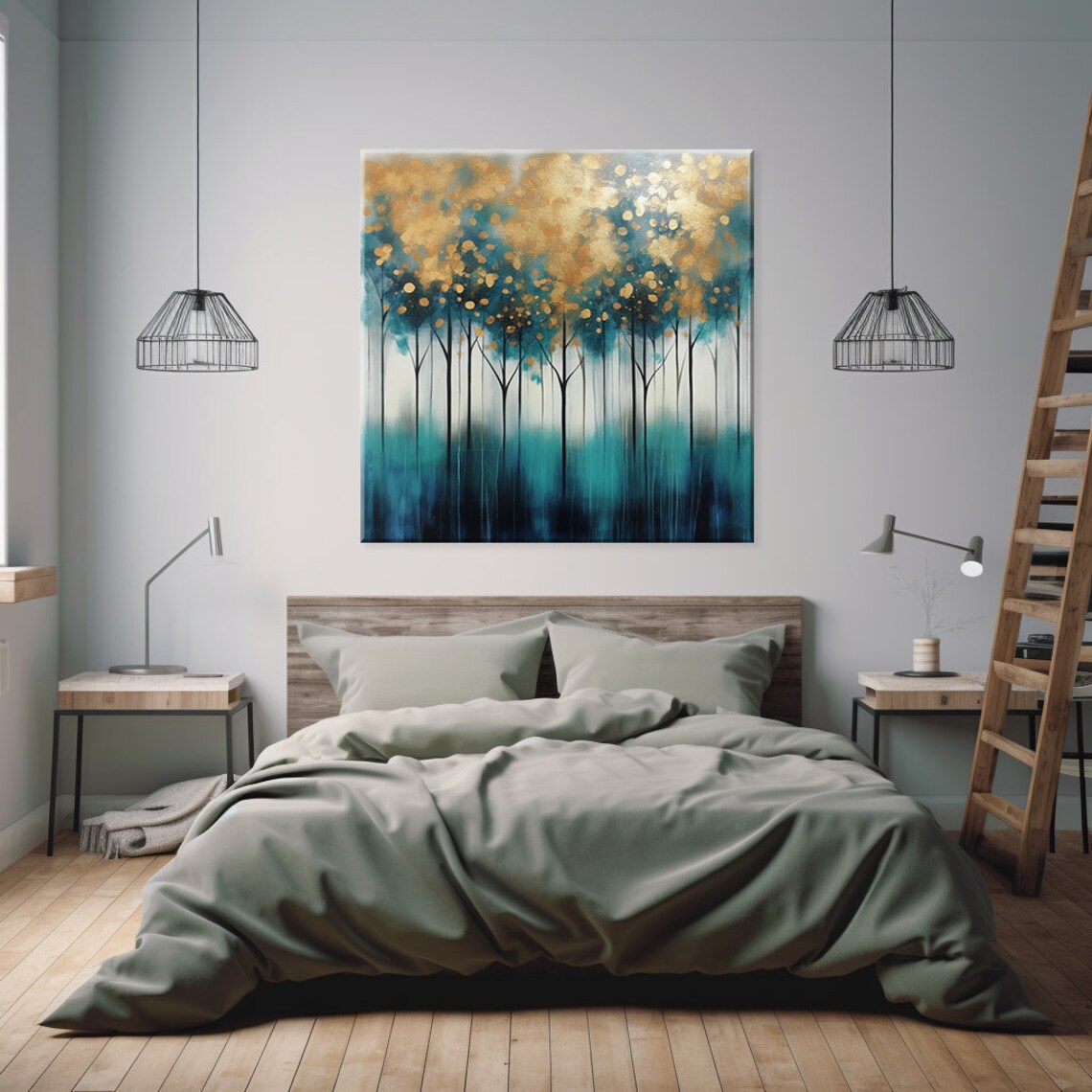 Abstract Teal Gold Forest Trees Landscape Art Print - Image 2