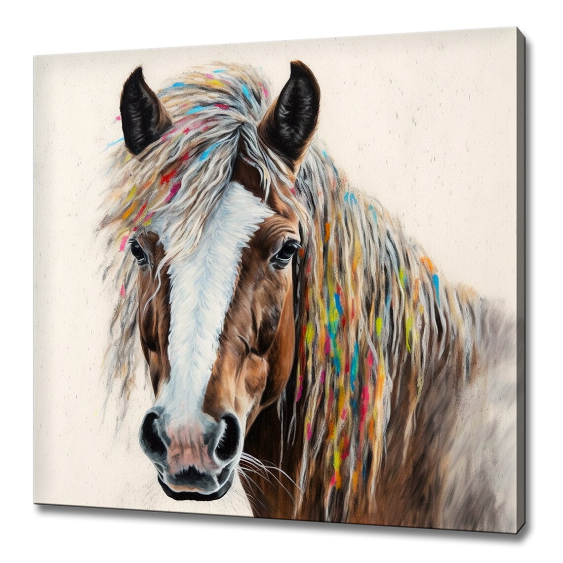 Brown Horse Rainbow Mane Watercolor Equestrian Nursery Animal Wall Art
