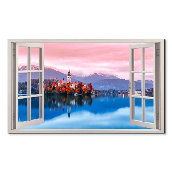 Pink Sky Over Bled Lake In Slovenia Window View Window Frame Style Modern Design Home Decor Print Wall Art Picture Ready To Hang