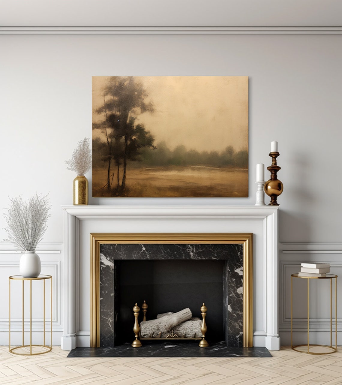 Vintage Country Foggy Landscape Trees Muted Moody Painting Style Print Farmhouse Decor Art Neutral Nature Picture Wall Hanging - Image 3