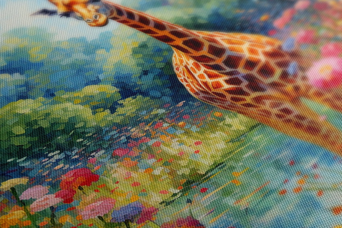 Giraffe By A Pond In A Colorful Flower Garden Painting Poster - Image 4