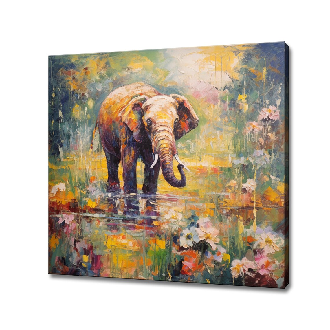 African Elephant Wading In A Golden Lily Pond Painting Wall Art