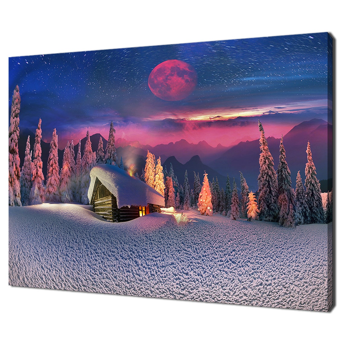 Pink Moon Over Snowy Mountains Abandoned Cabin Winter Modern Design Home Decor Print Wall Art Picture