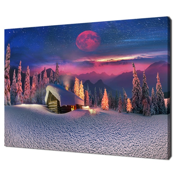 Pink Moon Over Snowy Mountains Abandoned Cabin Winter Modern Design Home Decor Print Wall Art Picture
