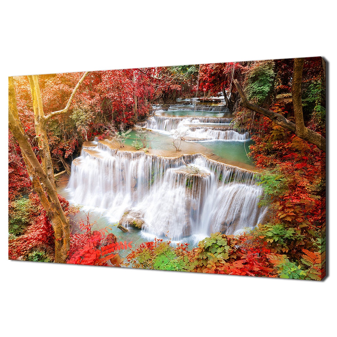 Thailand Waterfall Cascades Through Red Autumn Forest Landscape Poster