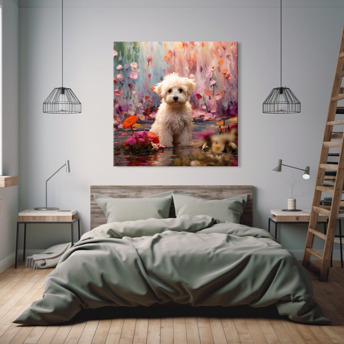 White Maltipoo Puppy By Blooming Water Pink Floral Painting Poster - Image 4