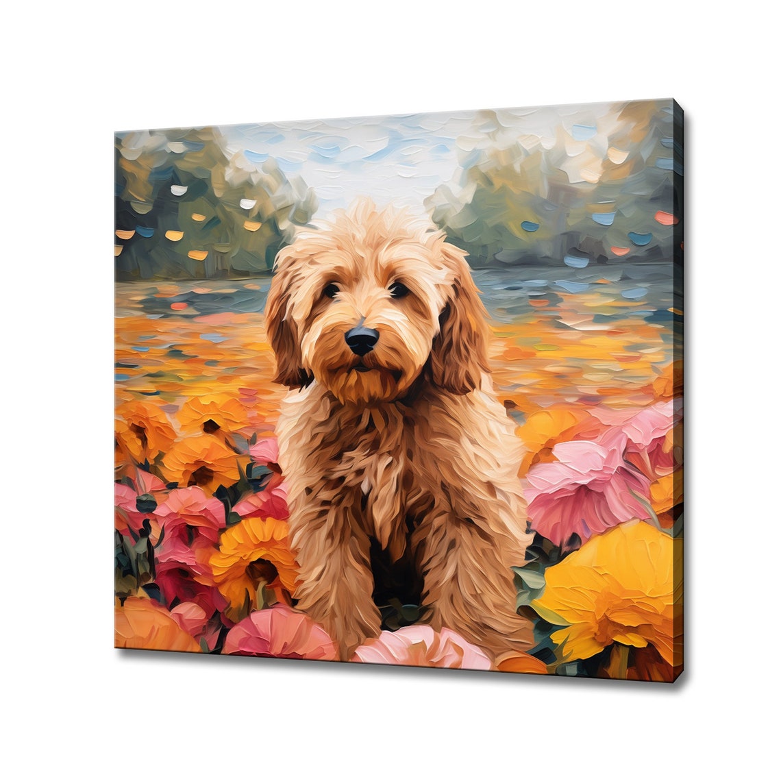 Goldendoodle Puppy Among Blooming Flowers Lakeside Art Poster