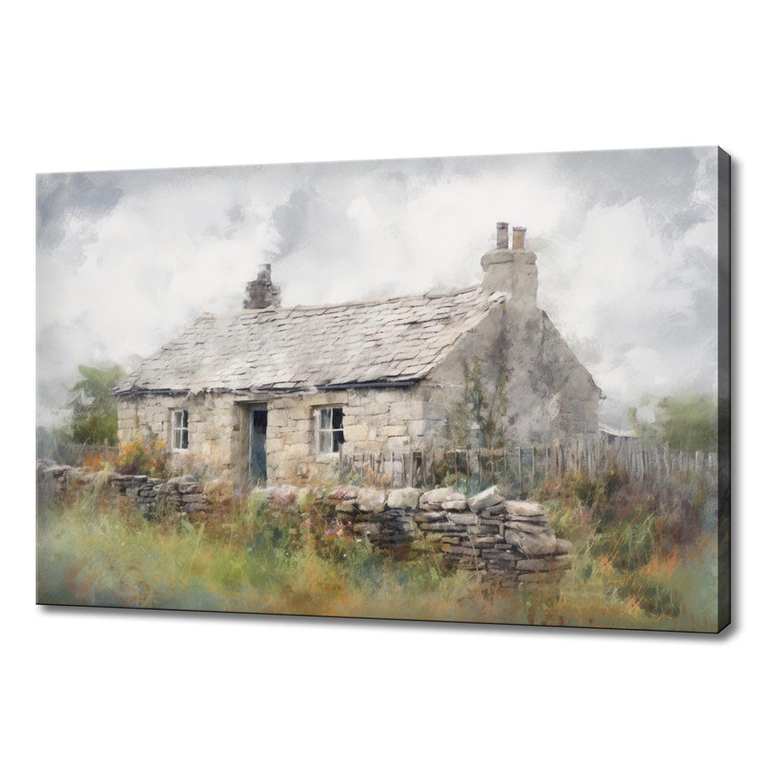 Stone Cottage Misty Meadow Dry Stone Wall Vintage Countryside Poster