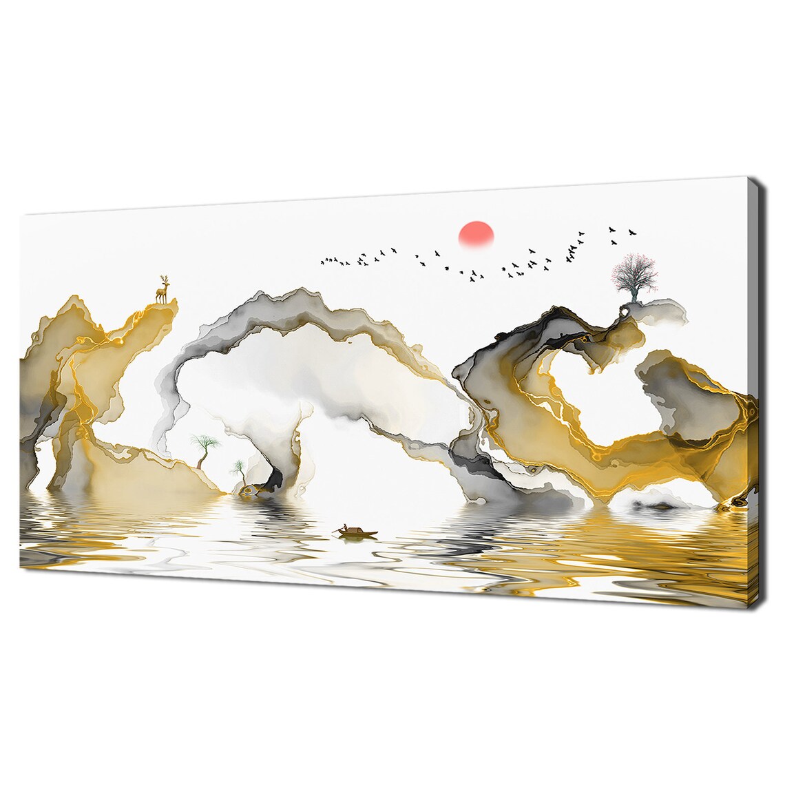 Gold Grey Ink Mountains Deer Red Sun Birds Boat Serene Painting Poster