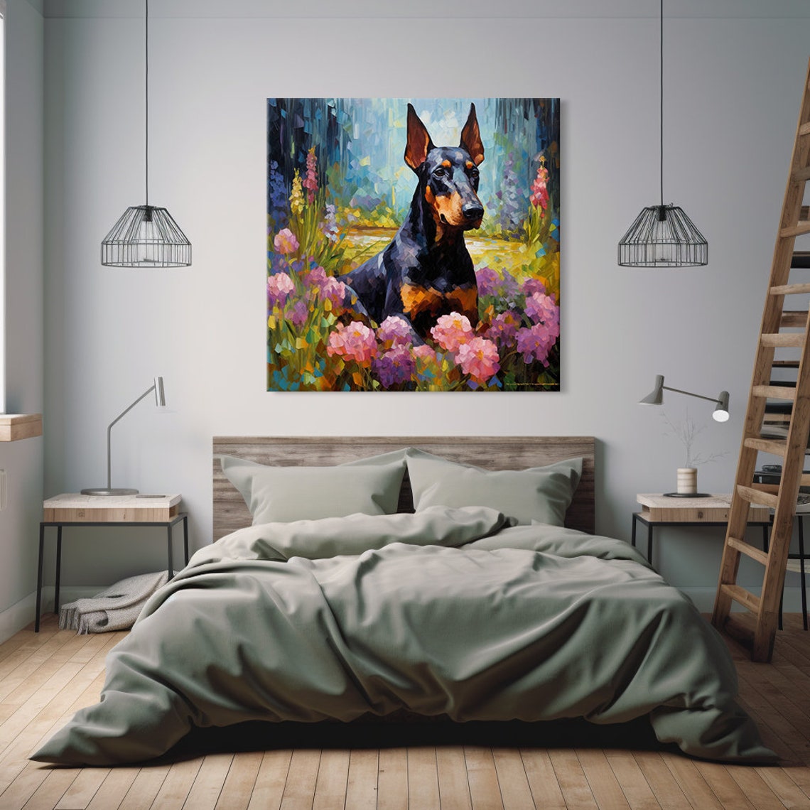 Doberman Dog In Flowers Field Animal Print Gift For Doberman Dog Lover Colourful Dog Portrait Painting Print Dog Pet Wall Art - Image 2