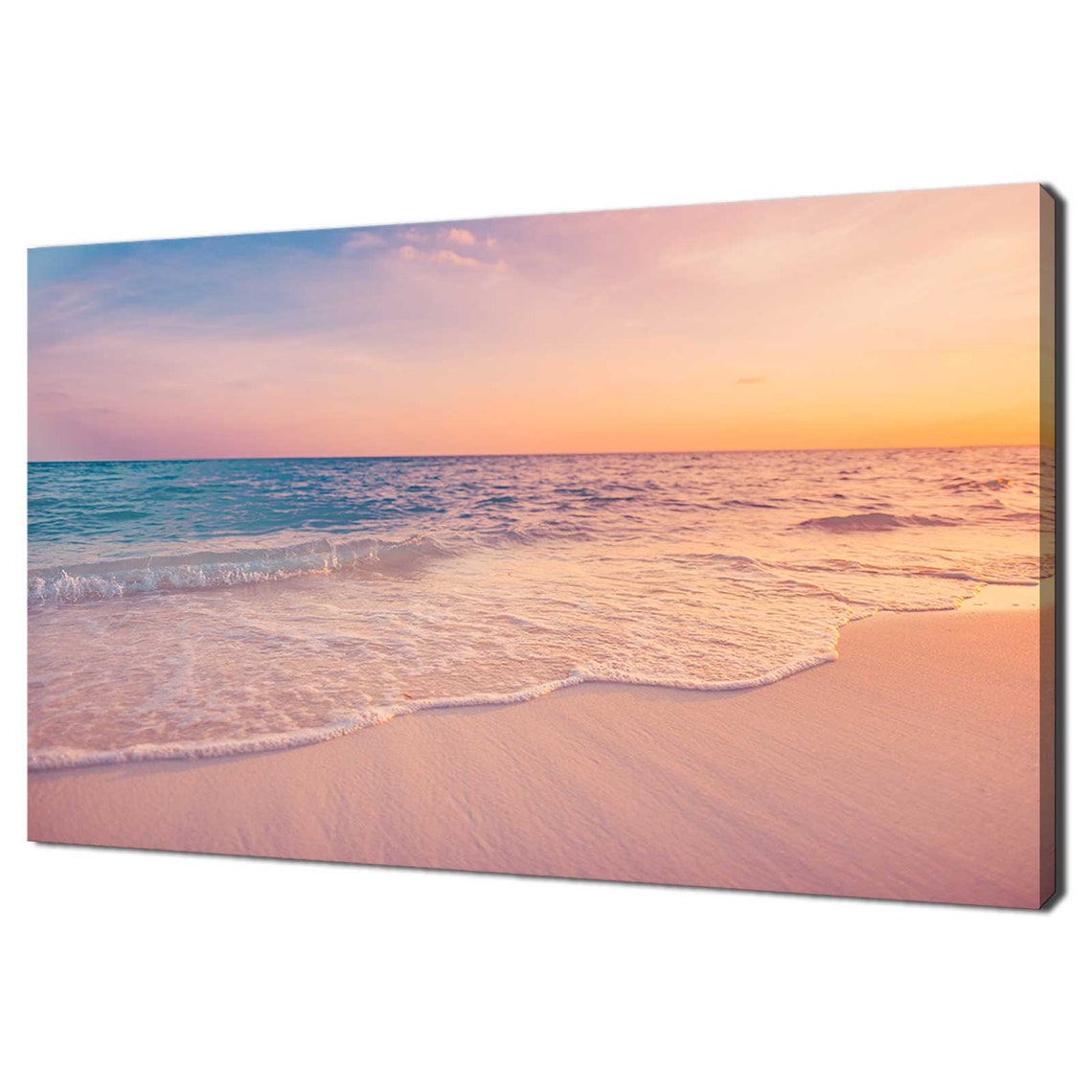 Calm Ocean Sunset Pink Waves Sandy Beach Seascape Photo Poster