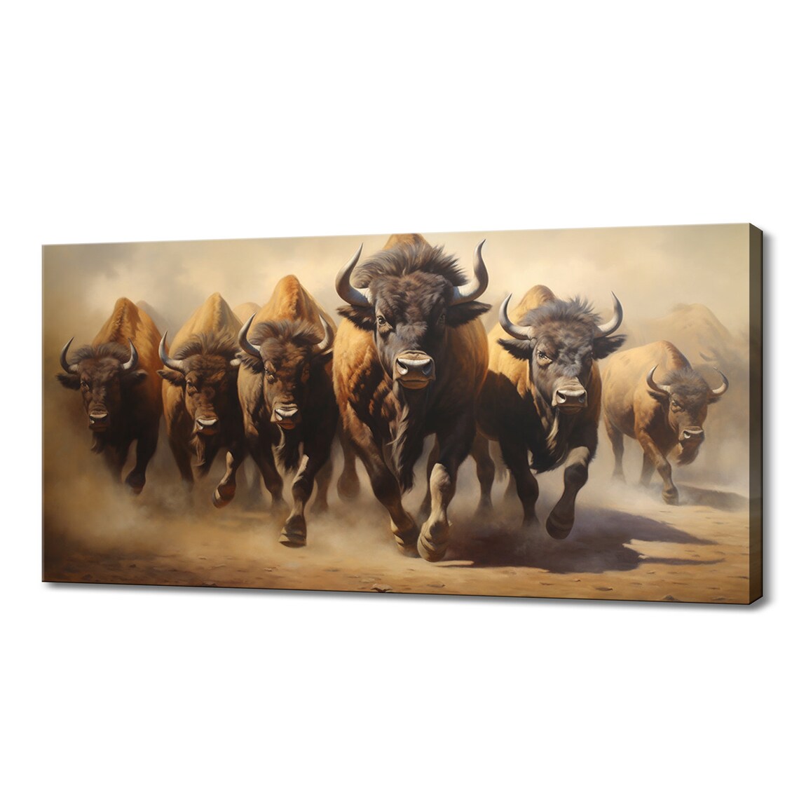 Bison Herd Charging Through Dust Golden Painted Western Wildlife Poster