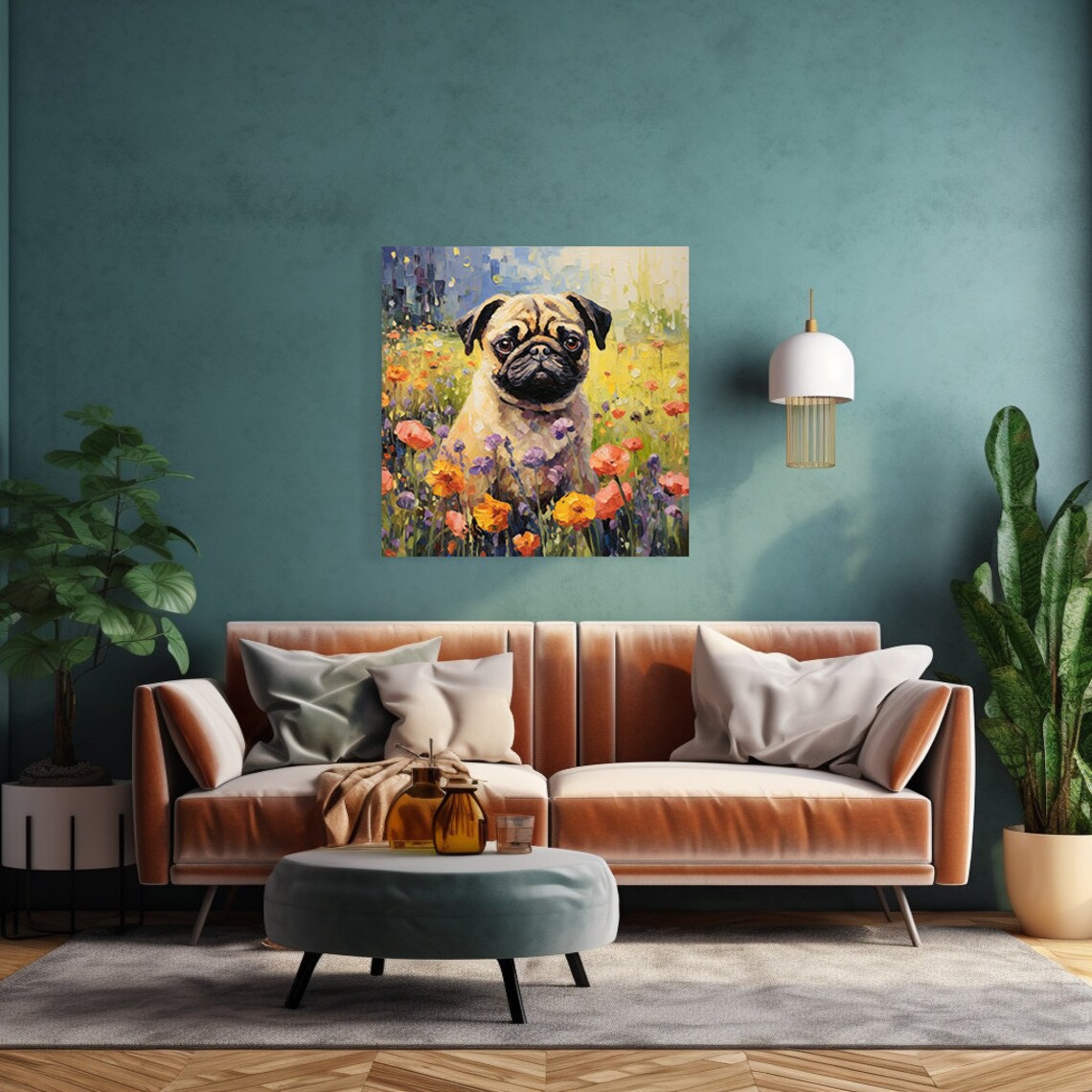 Cute Pug Dog Portrait in Colorful Wildflower Field Oil Painting Poster - Image 2