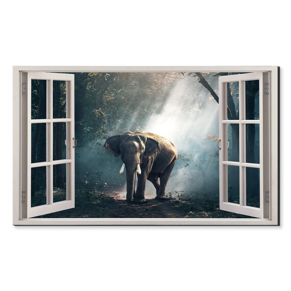 Majestic Elephant in Misty Sunlit Forest Window View Animal Print