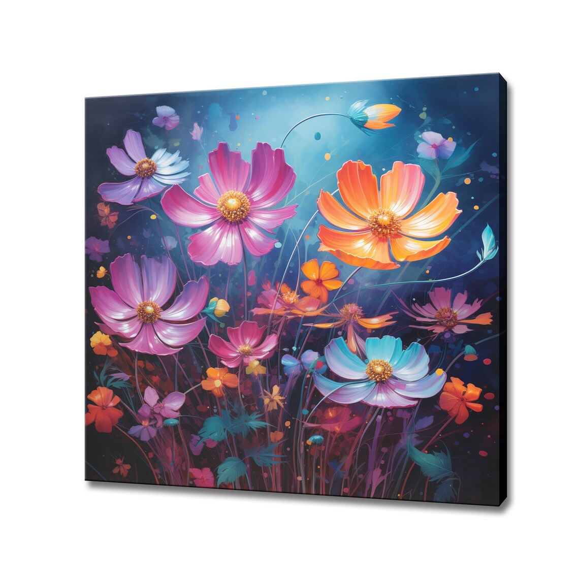 Cosmos Flower Meadow Pink Orange Blue Blooms Golden Centre Art Poster