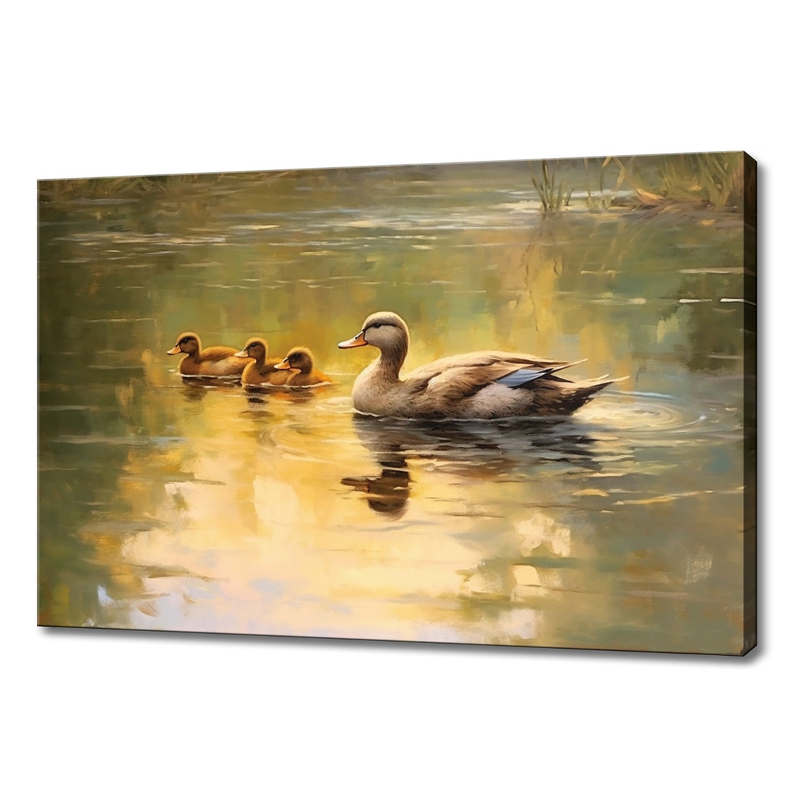 Ducks Family In The Pond Vintage Painting Style Print Farmhouse Decor Art Neutral Nature Picture Wall Hanging Fine Art Print