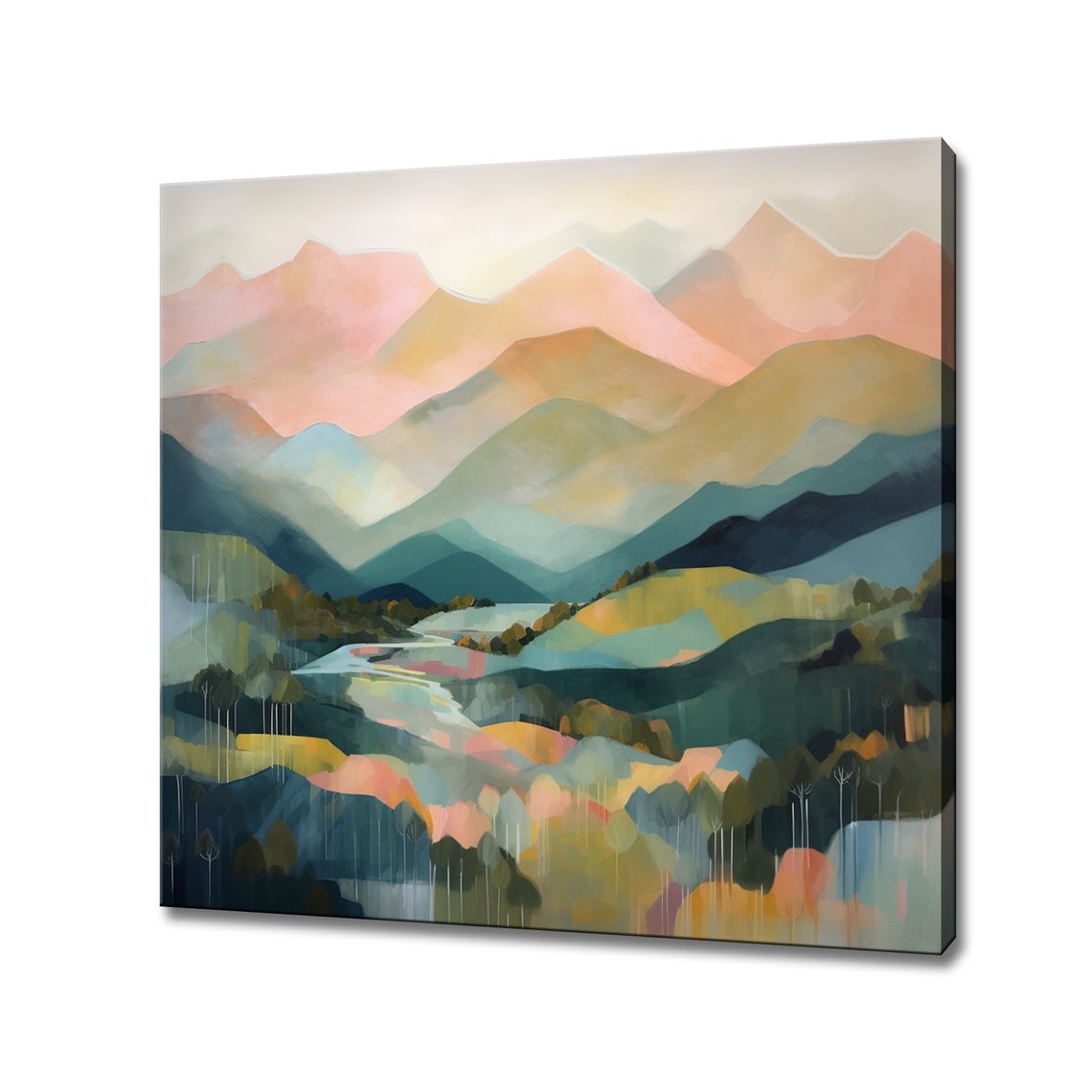 Pastel Abstract Mountain Valley Layered Peaks Painting Modern Wall Art