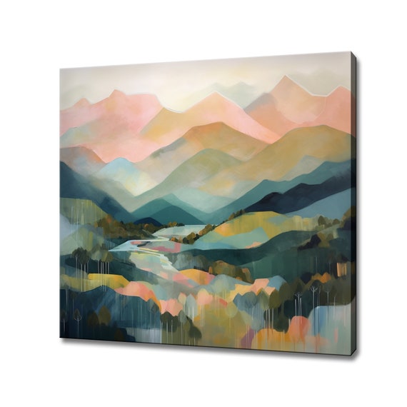 Abstract Pastel Coloured Mountains Landscape Painting Style Print Large Wall Art Print Neutral Nature Picture Wall Hanging