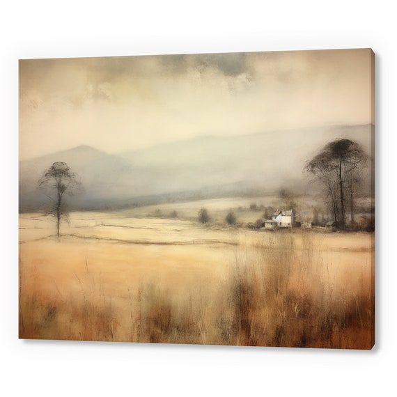 Vintage Rustic Country Landscape Muted Moody Painting Style Print Farmhouse Decor Art Neutral Nature Picture Wall Hanging