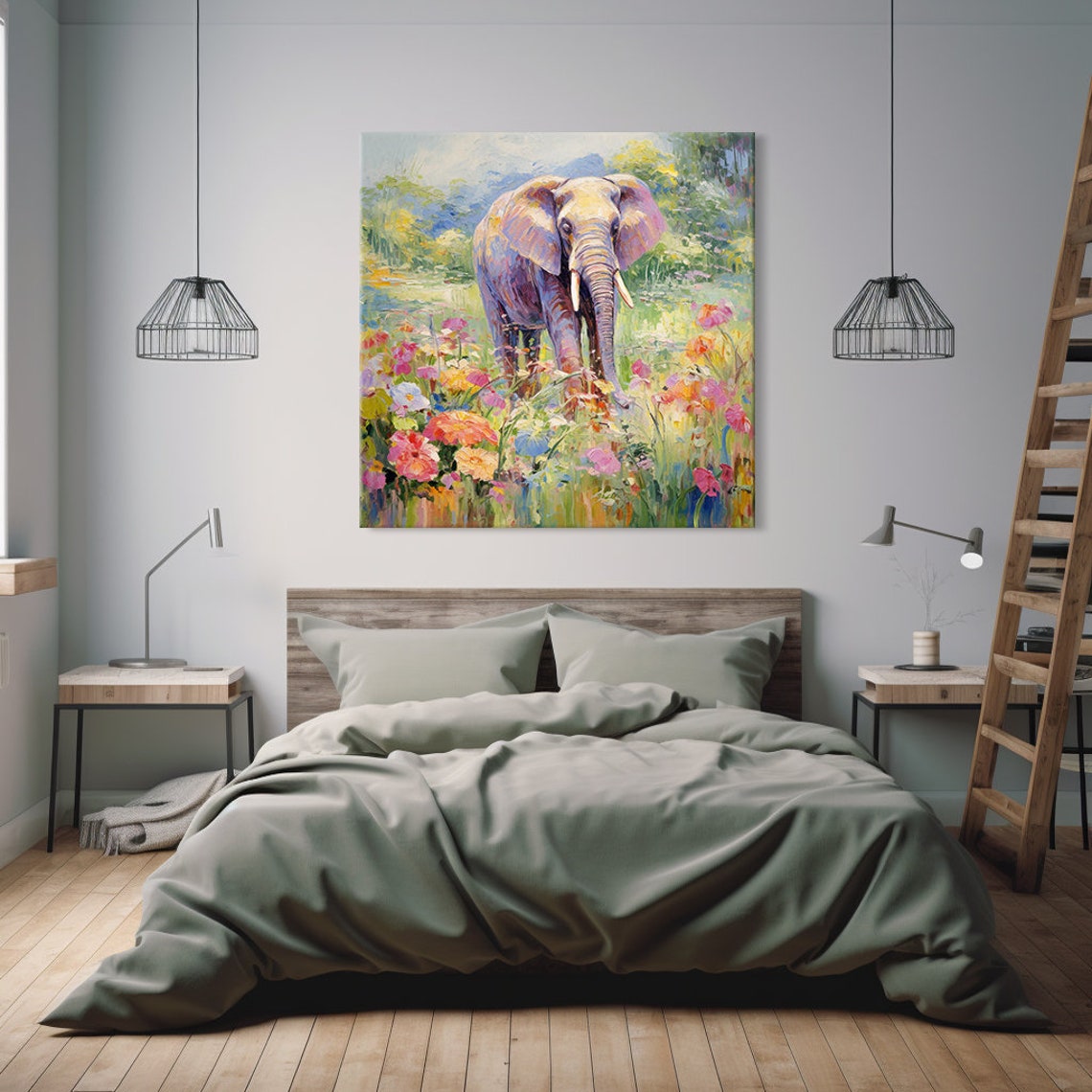 Young Elephant Walking Through A Bright Wildflower Meadow Poster - Image 2
