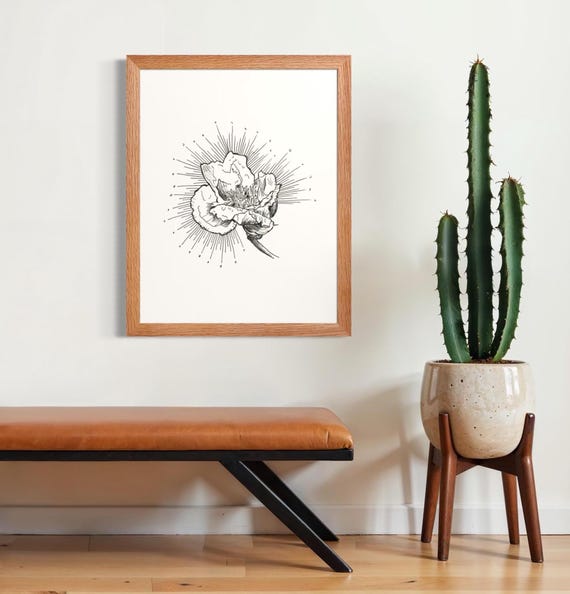 Peony Botanical Art Print Minimalist Ink Floral Drawing For Gallery Wall