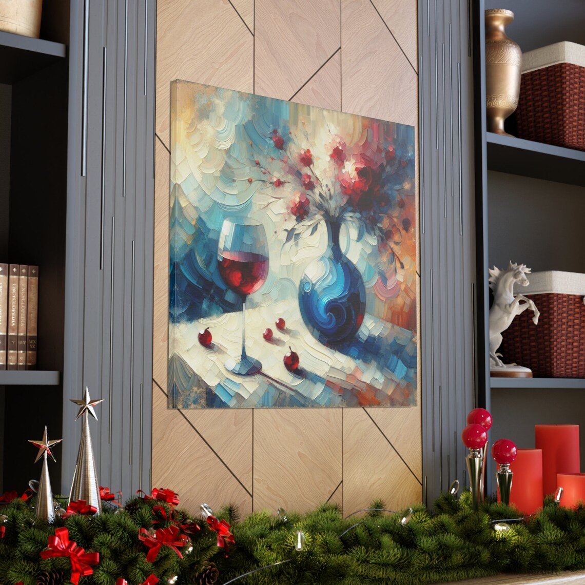 Wine Glass Blue Vase Red Flowers Impasto Kitchen Decor Poster - Image 2