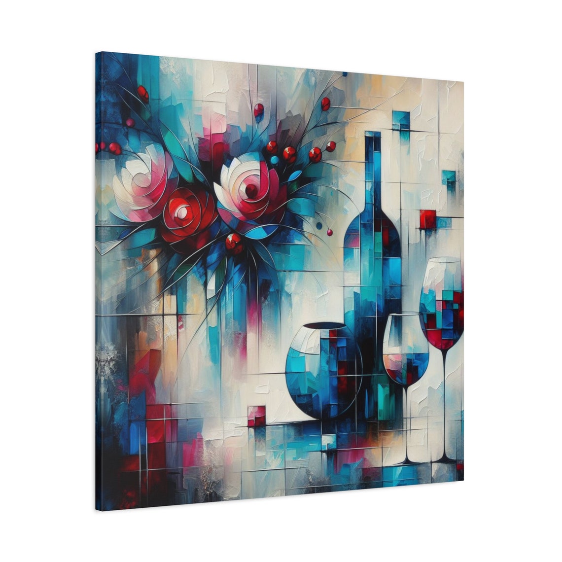 Abstract Wine Bottle Roses Teal Geometric Modern Floral Art Poster - Image 3