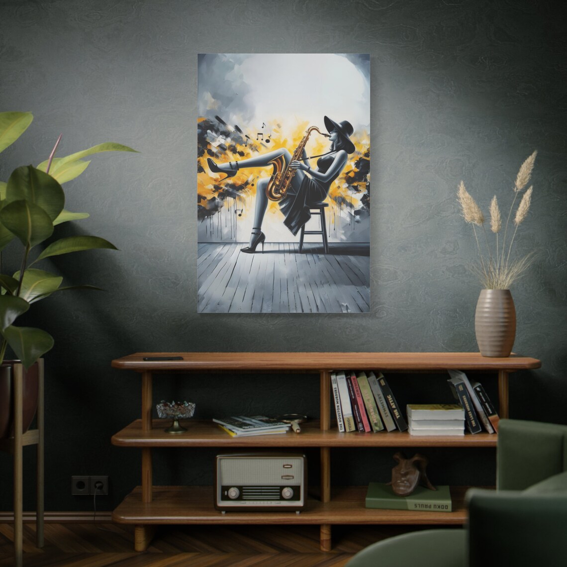 Jazz Saxophone Woman Black White Gold Splatter Music Wall Poster - Image 4