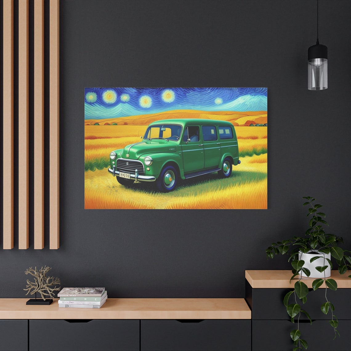 Vintage Green Car Art Starry Night Inspired Wall Art Van Gogh Style Painting Retro Green Van Yellow Landscape Gift - Image 2