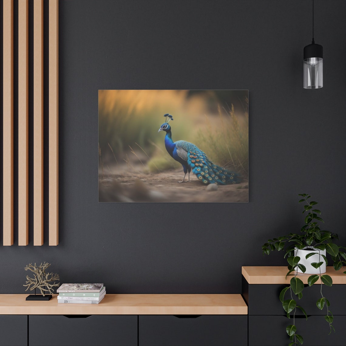 Peacock In Golden Grass Blue Feathered Bird Nature Wildlife Poster - Image 2