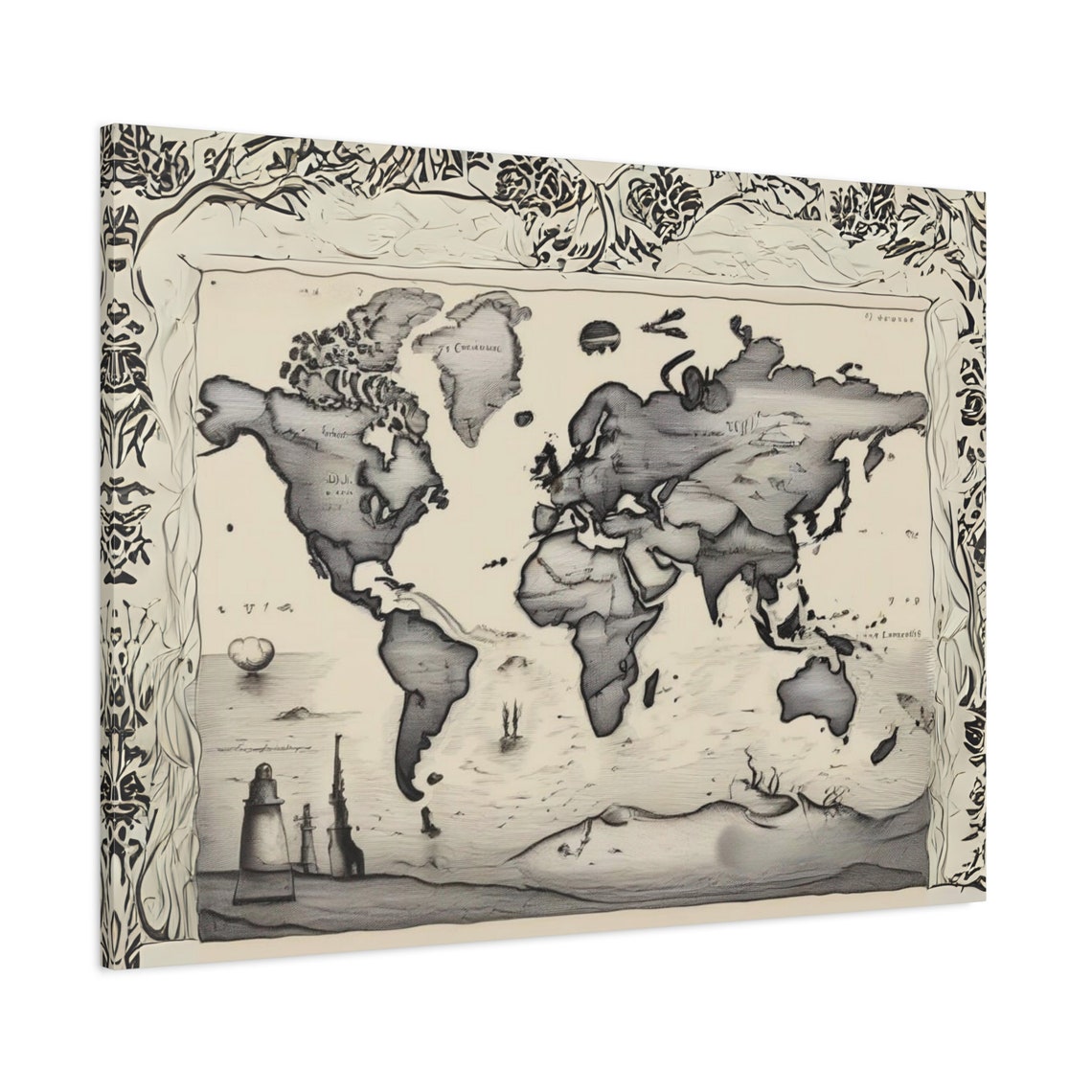 Vintage Sepia World Map Botanical Border Lighthouse Antique Art Poster - Image 3