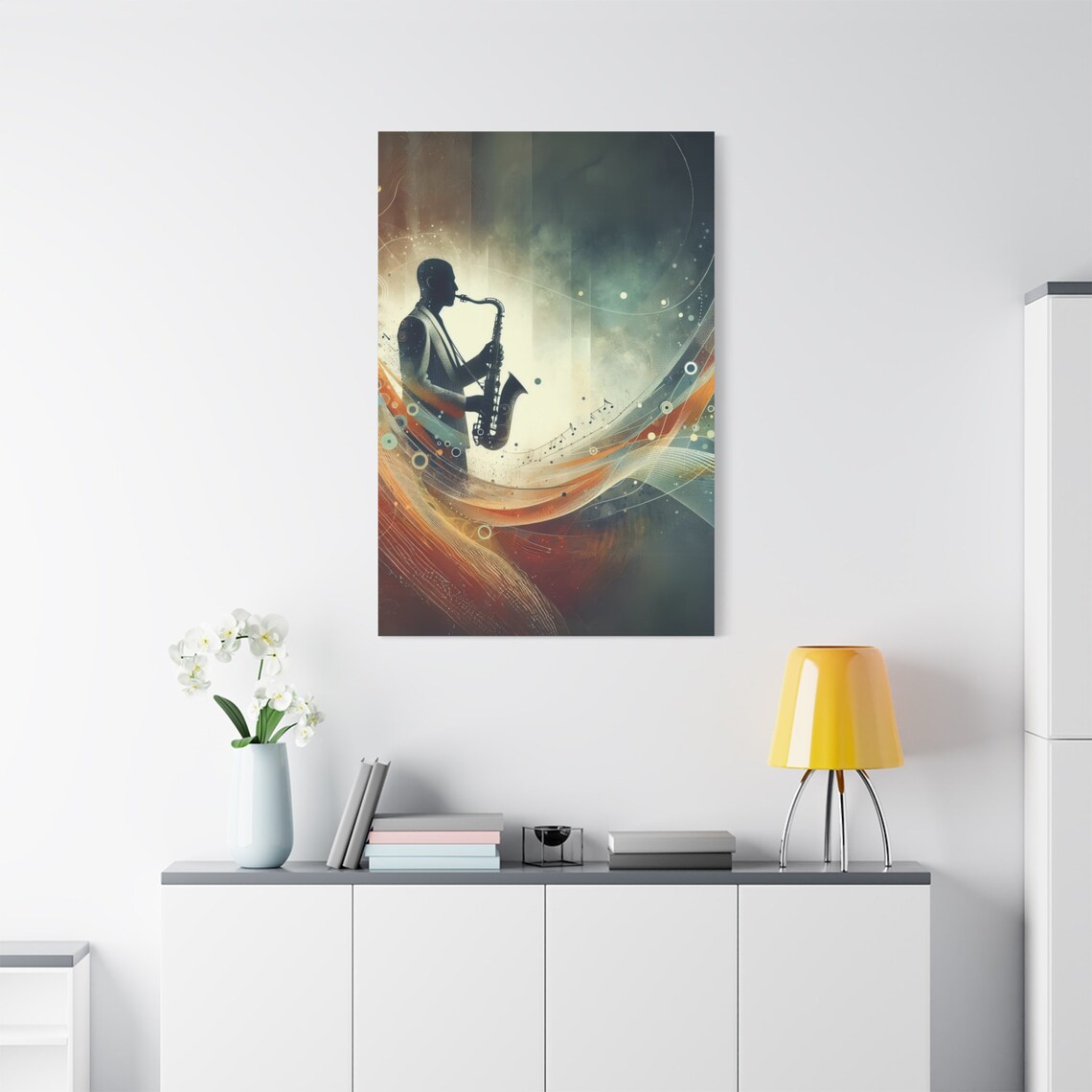 Jazz Saxophone Player Silhouette Abstract Music Notes Modern Wall Poster - Image 2