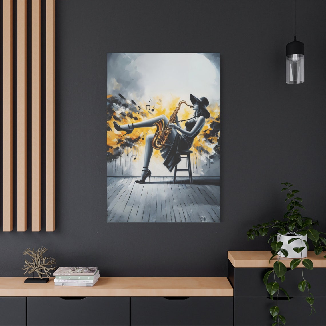 Jazz Saxophone Woman Black White Gold Splatter Music Wall Poster - Image 2