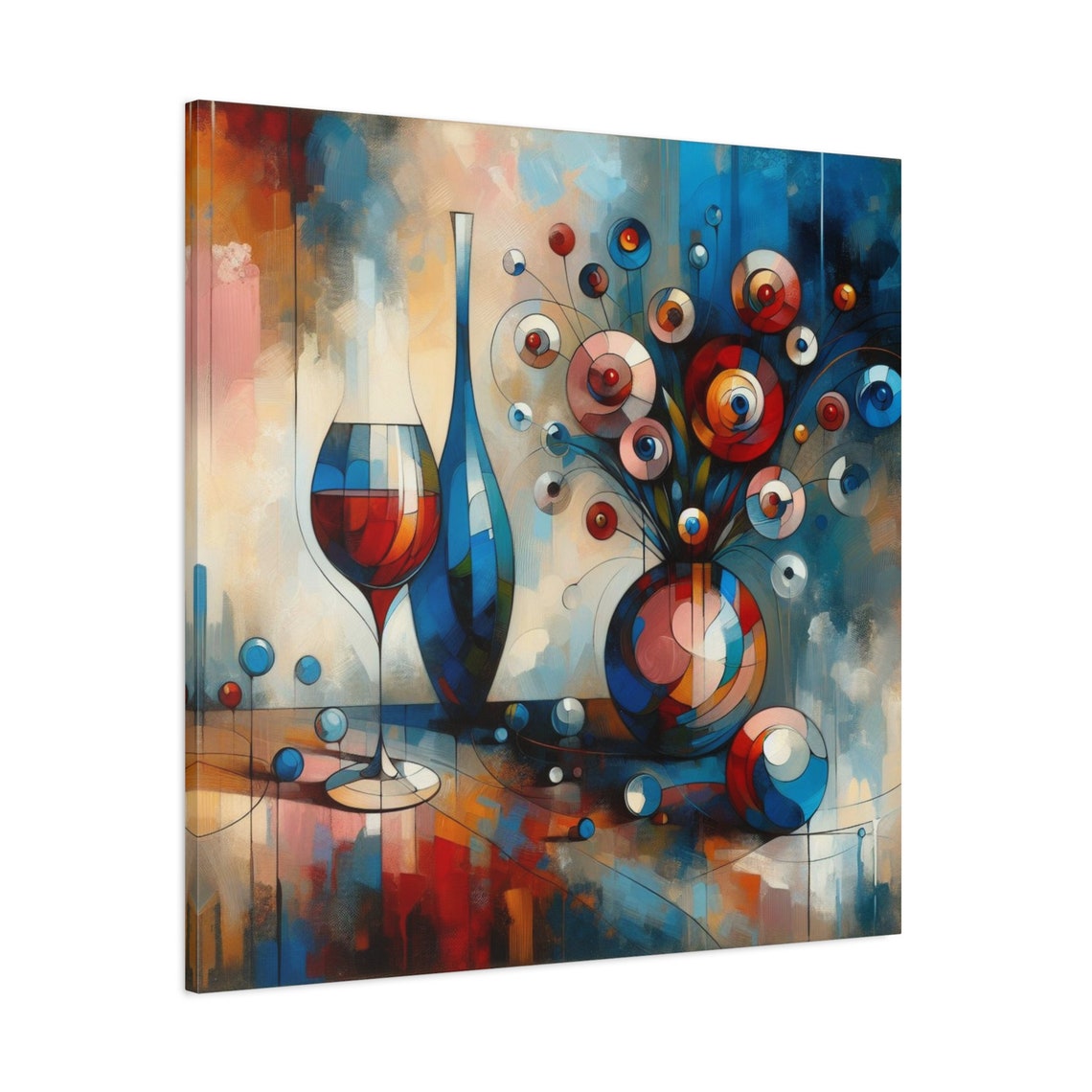 Abstract Wine Glass and Floral Explosion Blue Red Modern Art Poster - Image 3