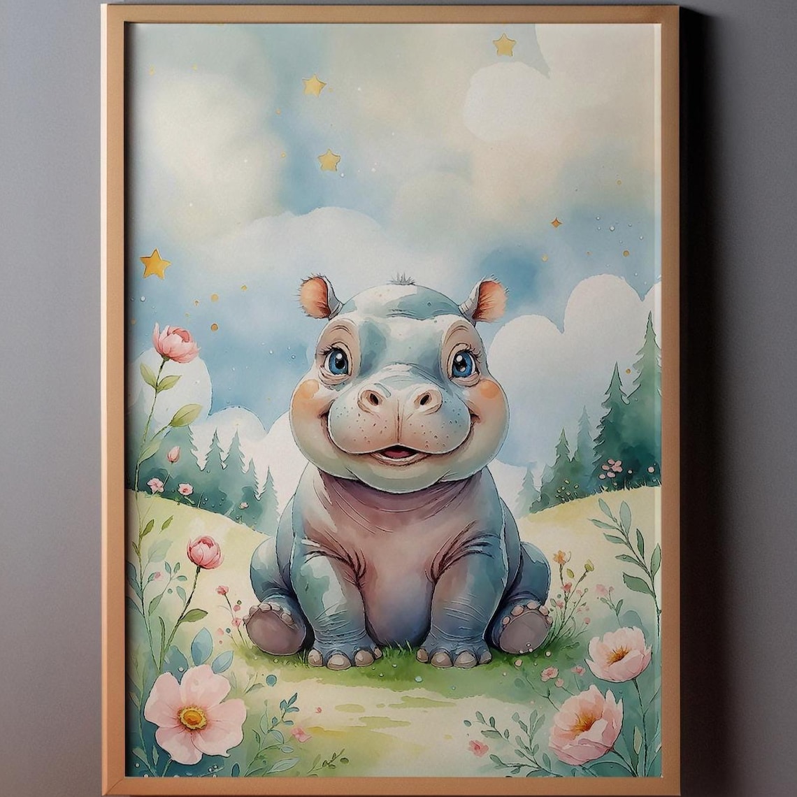 Sweet Baby Hippo in a Flower Meadow Watercolor Nursery Wall Art