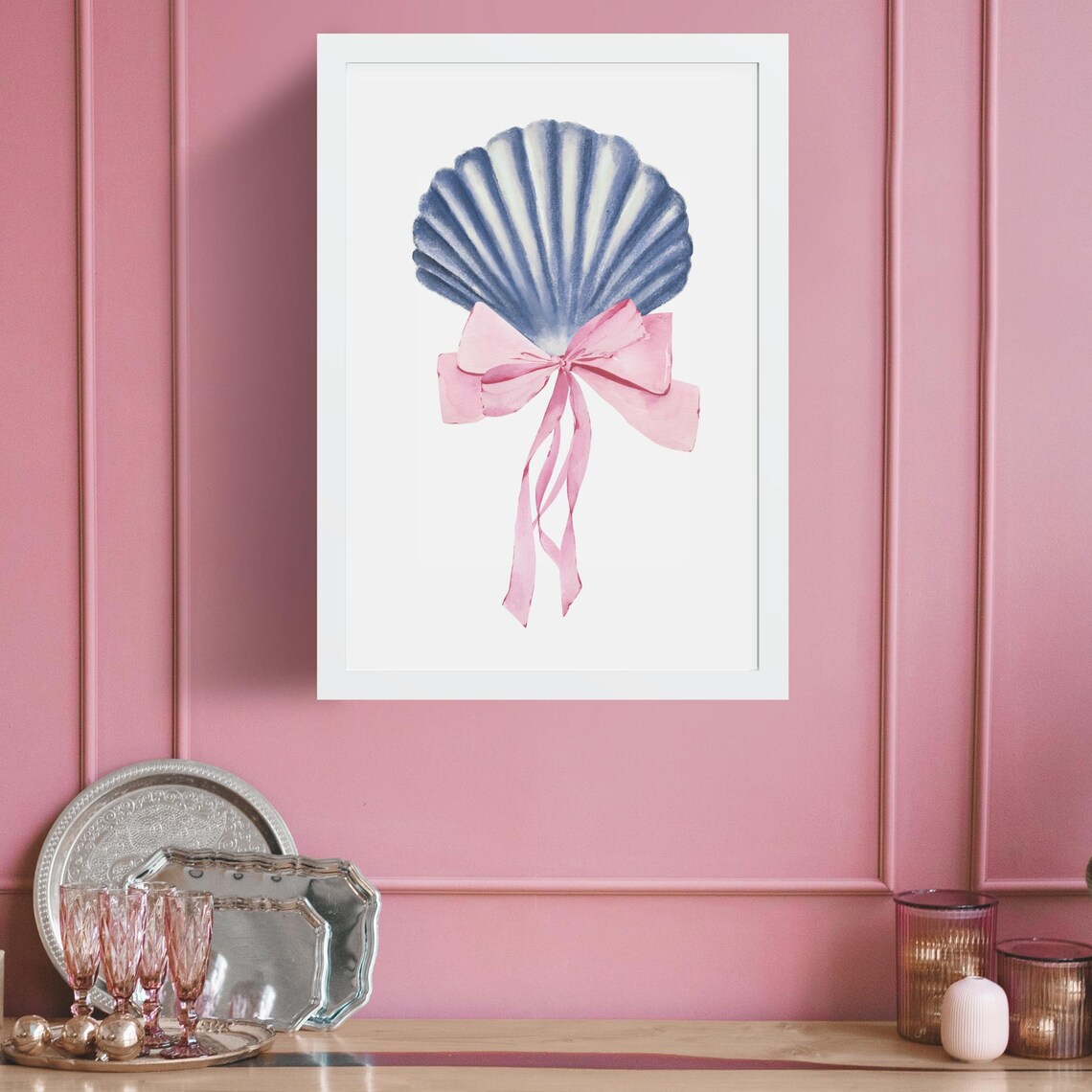Blue Scallop Shell With Pink Bow Watercolor Coastal Beach Wall Art - Image 6