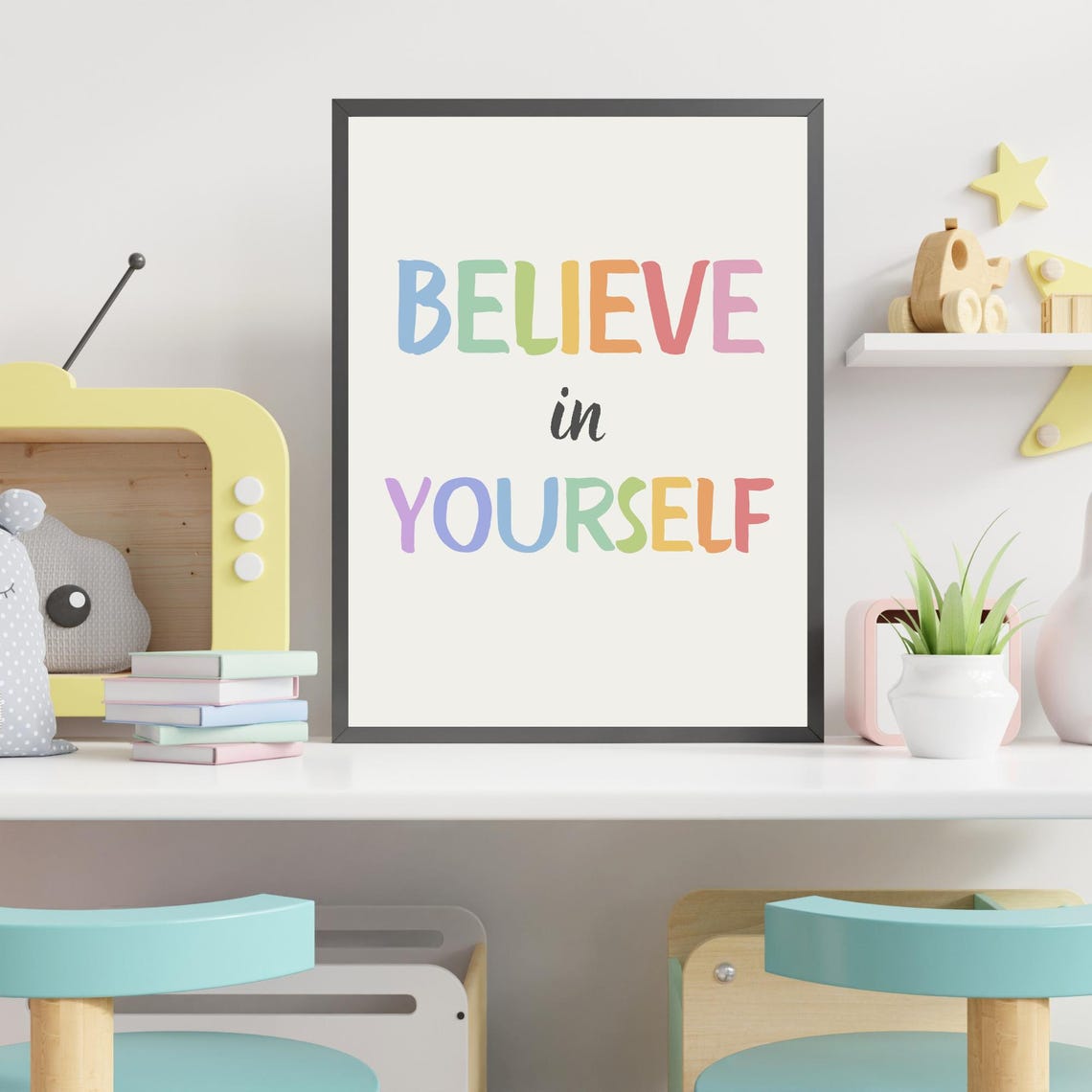 Believe in Yourself Rainbow Pastel Letters Motivational Quote Poster - Image 4