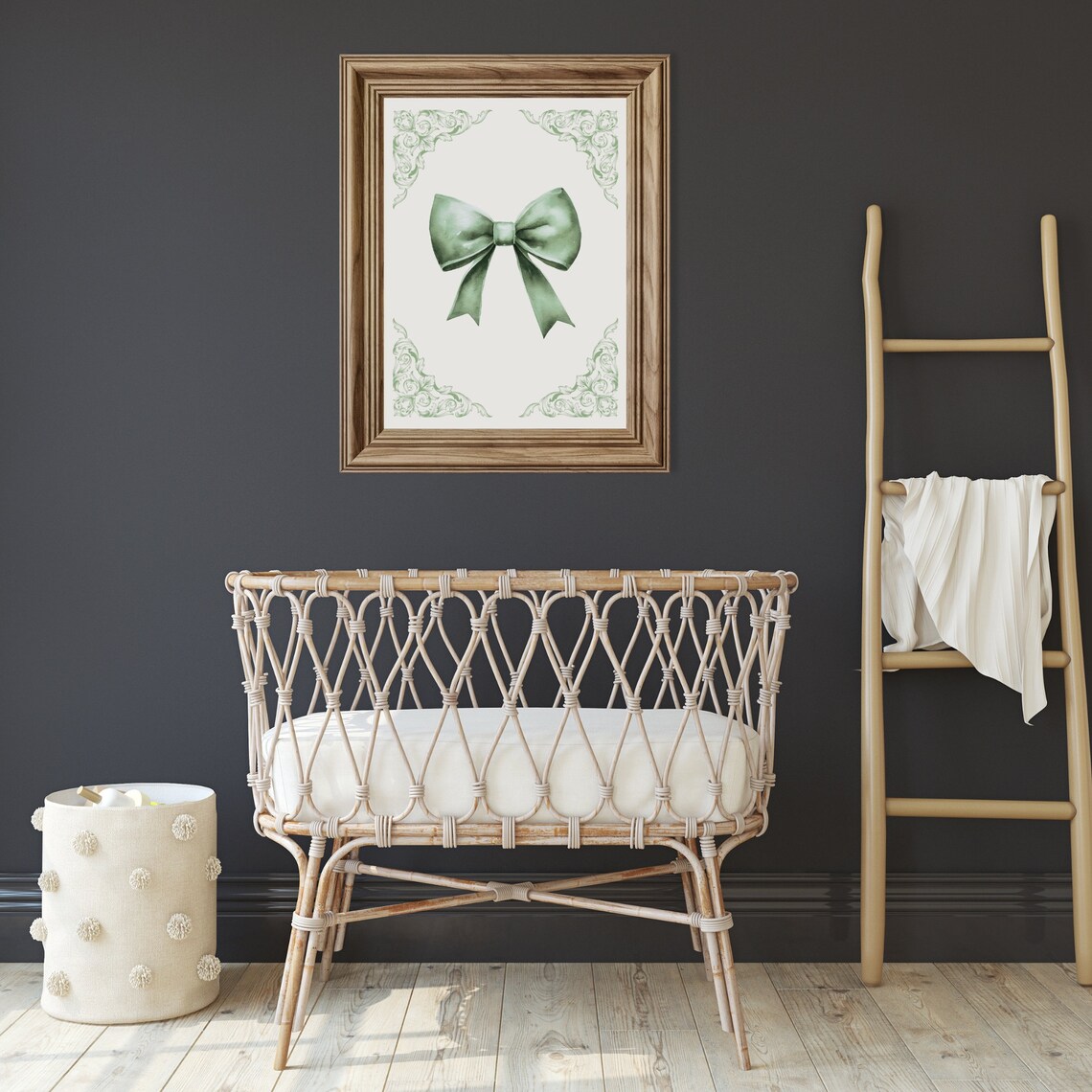 Sage Green Watercolor Ribbon Bow With Baroque Corner Flourish Poster - Image 2
