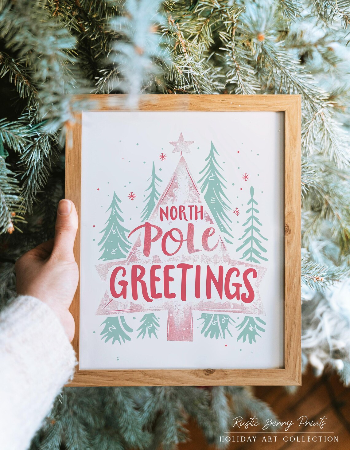 North Pole Greetings Pink Tree Typography Pastel Christmas Art Poster