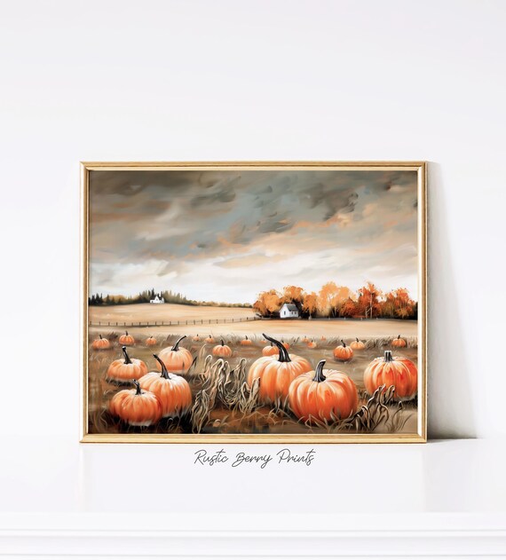 Pumpkin Patch Art Print Moody Autumn Fall Oil Painting Rustic Fall Decor Vintage Autumn Wall Art