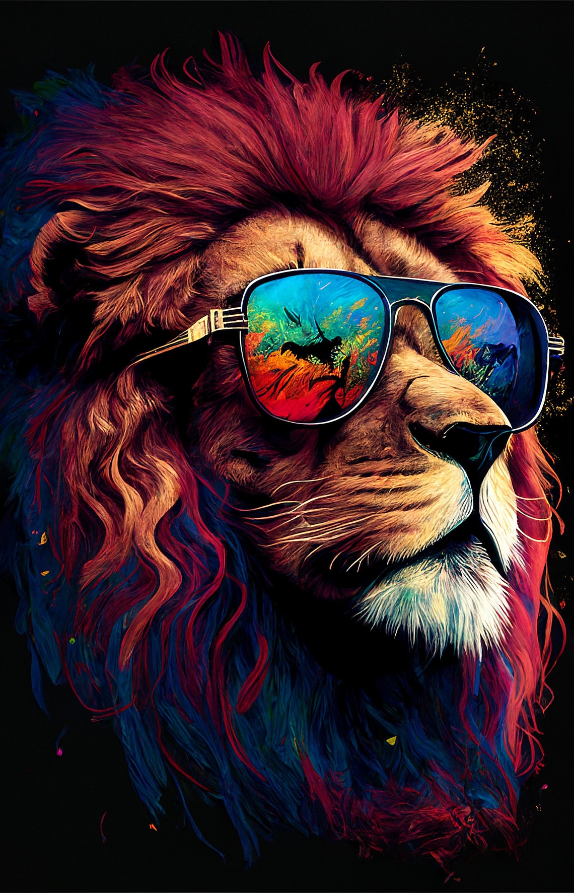 Colorful Lion In Sunglasses Portrait Print Vibrant Portrait Of Majestic Lion With Sunglasses Colorful Lion Poster Wall Art