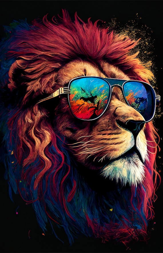 Cool Lion Sunglasses Neon Mane Pop Art Animal Portrait Print