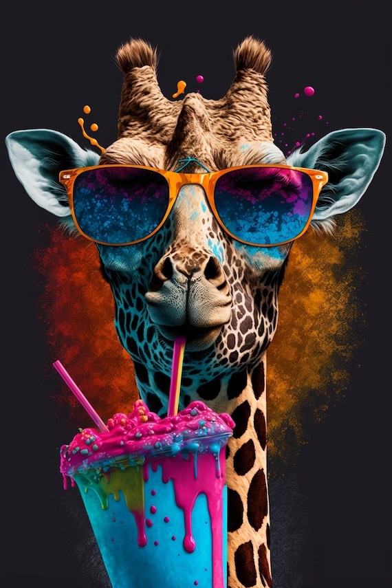 Giraffe Sunglasses Smoothie Pop Art Neon Animal Portrait Print
