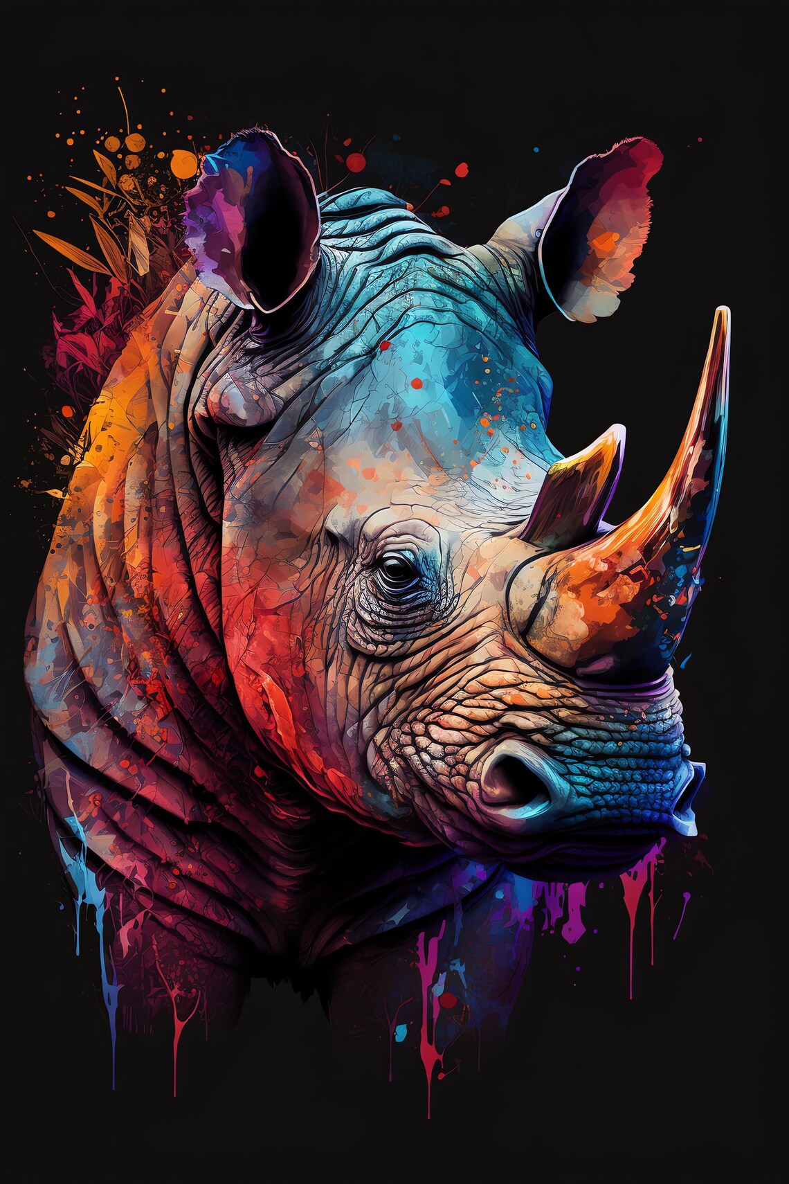 Rhinoceros Head in Teal and Orange Watercolor African Wildlife Poster